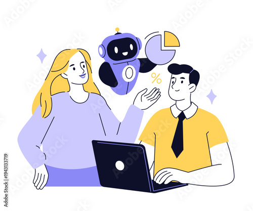 Team working in office and use ai agent or digital coworker for to manage workflows and solving business tasks. Vector illustration.