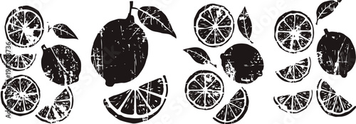 Black and white lemon illustrations with whole fruits, slices, and leaves in grunge