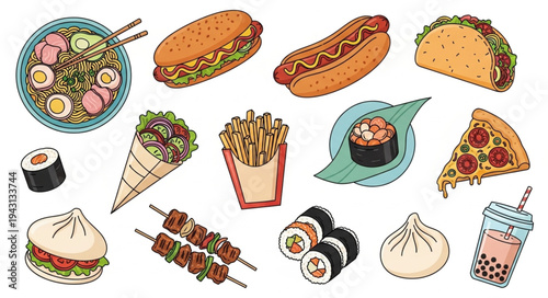 Assortment of Delicious and Colorful Fast Food Illustrations.
