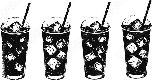 Four iced cold drinks with straws in clear plastic cups against a white background