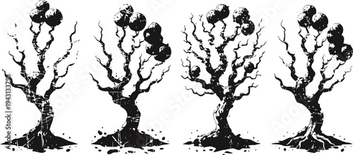 abstract black grapevine silhouettes with clusters and twisted branches, isolated on white background