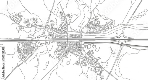 Detailed aerial view of a towns layout and infrastructure.
