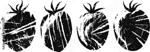 four black and white hand drawn strawberries with artistic brush stroke texture