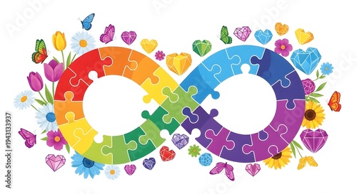 Symbol of infinity made of puzzle pieces in rainbow colors, with flowers, butterflies, and hearts, representing diversity, autism awareness, and love