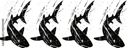 Four black silhouette sharks swimming underwater with distressed grunge texture effect