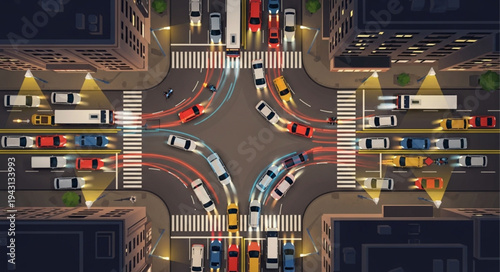 Aerial View of a Busy City Intersection at Night.