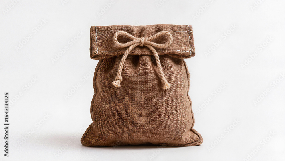 Obraz premium Rustic Jute Gift Bag with Bow on White Background