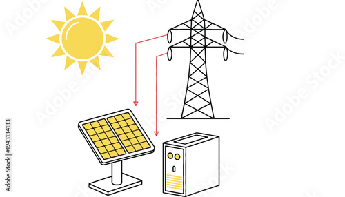 Solar panel system illustration with power transmission tower and inverter