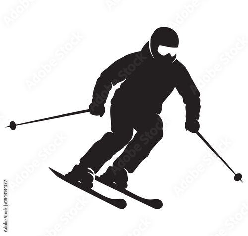 Skier in motion skiing down a slope with ski poles