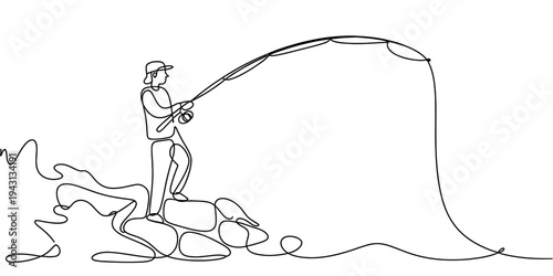 Fisherman Standing On Rocks Fishing Continuous One Line Vector Illustration