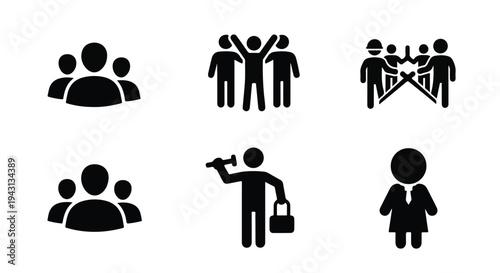 Set of 6 black flat design vector icons depicting various groups of people, including teamwork, protest, and individual figures, ideal for business and social concepts.