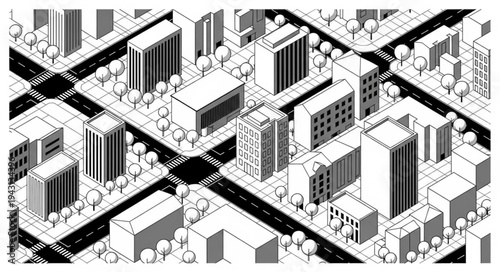 Isometric Cityscape Illustration with Buildings and Roads.