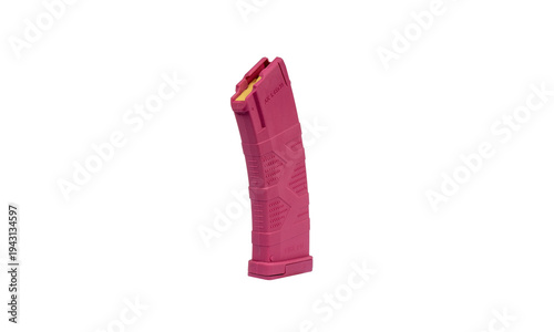 A pink magazine for AK-47 assault rifle cartridges on a white background