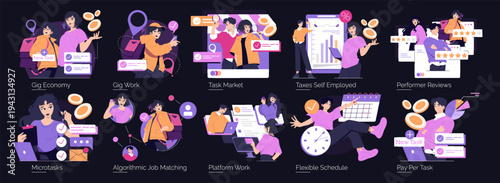 Gig Economy and Task Market Vector Illustrations