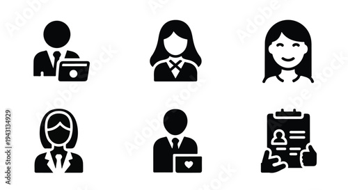 Set of 6 black glyph vector icons featuring diverse business people, professional avatars, and human resources concepts for modern web design and corporate presentations