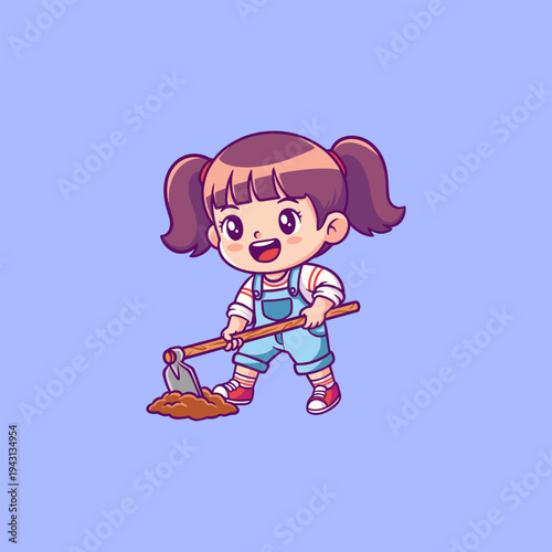 Cartoon Girl Gardening with Hoe