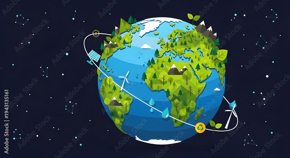 Fototapeta premium Global Sustainability Illustration with Renewable Energy and Environmental Concepts on Earth - An Eco-Friendly World in Harmony and Green Progress