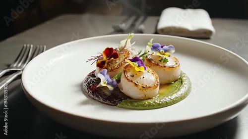 Gourmet dish served on a white plate close up with professional lighting