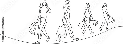 Four women walking on a curved line carrying shopping bags in a line formation