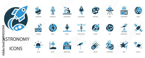 astronomy icons set outline and Flat Style,transparent background