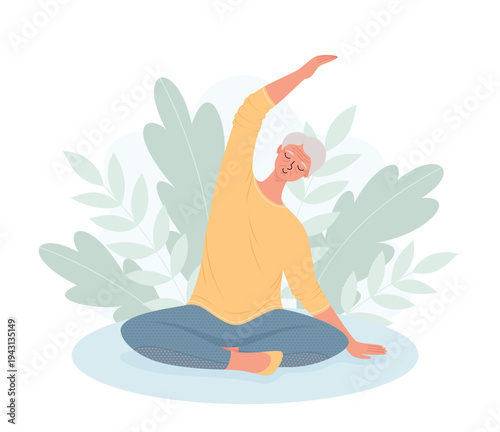 Elderly woman practicing seated side bend yoga stretch on a mat. Concept of active aging, senior fitness, and flexibility in retirement.