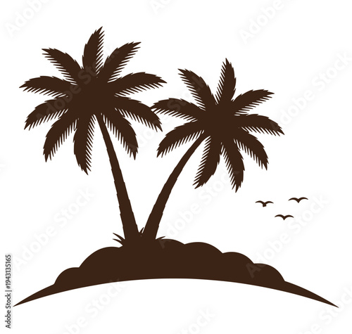 Two palm trees on a small island with birds flying by