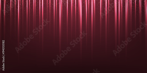 Light red award background. Dark pink silk curtain luxury backdrop. Color vertical draped satin cloth texture curtain on dark floor stage. Award, presentation scene. Modern vector illustration.