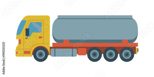 Yellow truck with large gray tank on orange trailer isolated on white background