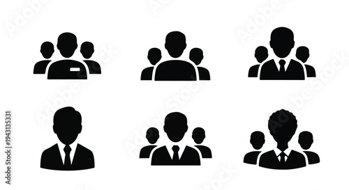 Set of 6 black silhouette vector icons depicting business people, teams, and user groups for website, app, and presentation design