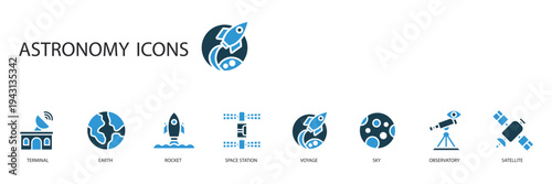 astronomy icons set outline and Flat Style,transparent background