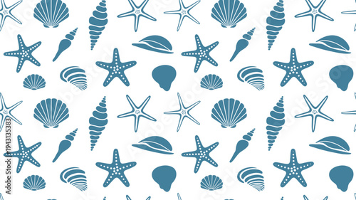 Blue sea shells and starfish on white background for decoration and design