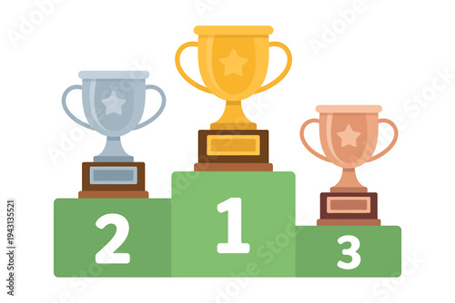 Three colorful trophies on green podium with numbers one two three  winner championship symbol