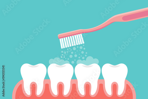 Toothbrush brushing teeth with toothpaste bubbles on gum line  oral hygiene concept