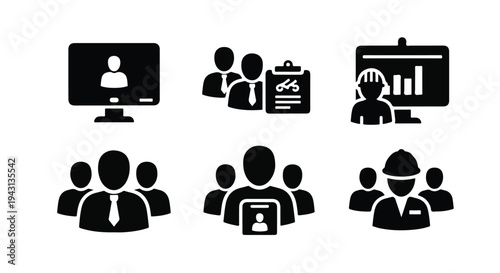 Set of 6 black and white business team and online meeting vector icons, ideal for corporate communication, human resources, and project management designs.