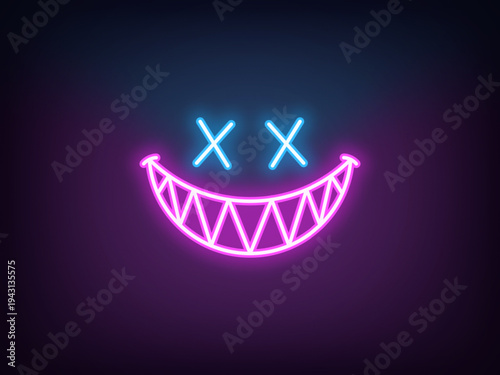 Outline neon evil smile, magenta blue. Neon evil joker smile with cross on eyes and sharp teeth, monster grin. Emoji with evil sneer, devil smile, scary demon mouth, creepy gamer emoticon. Vector