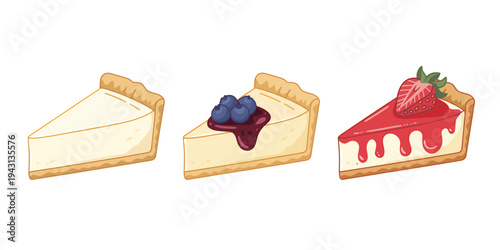 Three slices of cheesecake with different toppings isolated on white background