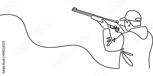 Hunter Aiming Shotgun Continuous One Line Vector Shooting Illustration
