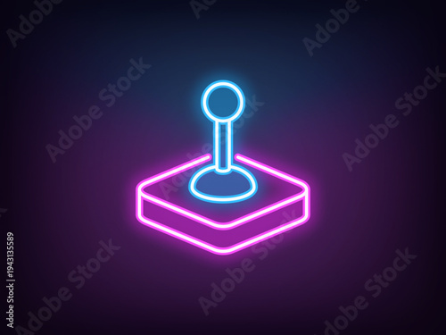 Outline neon control joystick, magenta blue. Neon arcade joystick, game joypad, control lever. Gaming stick handle, retro controller, vintage control console, manipulator handle. Vector