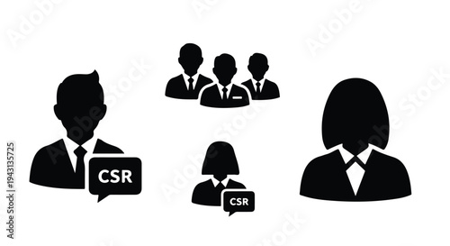 Set of 5 black silhouette business people vector icons, including male and female figures, a group, and two with 'CSR' speech bubbles, ideal for corporate responsibility and team concepts.