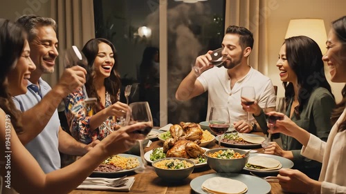 Group of diverse people gathered around a table for a meal sharing stories