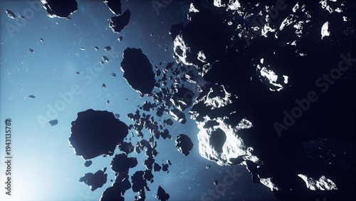 dark asteroid field with icy craters and glinting surfaces, prospector drone scanning for mineral veins while distant starlight silhouettes jagged rock, cold