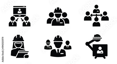 Set of 6 black glyph vector icons depicting business meetings, team collaboration, construction workers, and online conferences, ideal for professional presentations and websites.