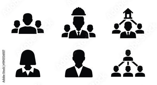 Set of 6 black glyph vector icons representing business people, team, management, and organizational structure for corporate websites and presentations