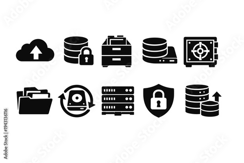 Data backup security silhouette icon set. Cloud, lock, and storage symbols