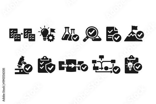 Business management solid icon set. Workflow, strategy, and planning symbols