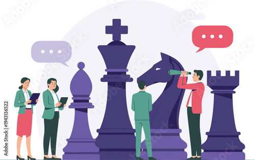 Business strategy planning concept with chess pieces, leadership vision, team collaboration and corporate decision making illustration