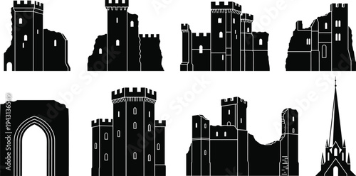 Black Medieval Castle Silhouette Set, Ancient Stone Fortress Ruins, Gothic Church Spire, Vector Heritage Architecture Icons, Historical Ruined Building Landmark Collection