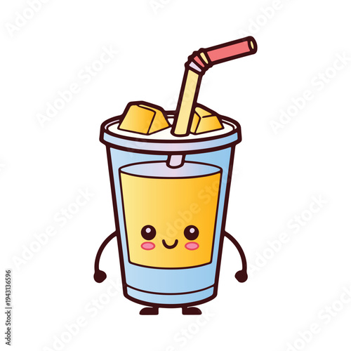 Adorable Smiling Juice Drink Mascot with Ice Cubes and Straw