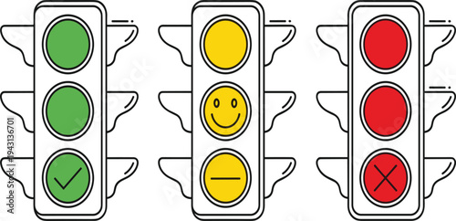 Traffic Light Vector Illustration Set Showing Green Yellow and Red Signals with Symbols