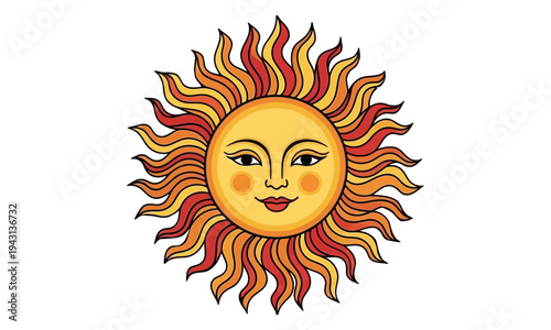 Sinhala Tamil New Year Sun Face Vector Illustration. Traditional Sri Lankan and South Indian Cultural Symbol for Aluth Avurudda and Puthandu Celebrations, Prosperity, and New Beginnings